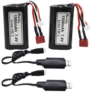 Blomiky 2 Pack 7.4V 1500mAh Li ion Rechargeable Battery with T Plug Connector for Scale RC Truck Build