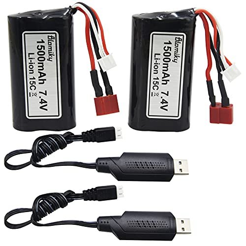 Blomiky 2 Pack 7.4V 1500mAh Li ion Rechargeable Battery with T Plug Connector for Scale RC Truck Build
