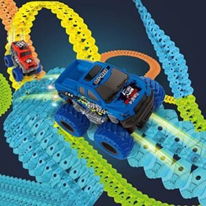Magic Car Tracks 240PCS Glow in The Dark Flexible Race Track Set with LED Light Up Race Car Best RC Car Tracks for Kids