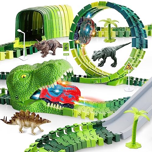 GONGDAO 206PCS Dinosaur Themed Indoor Race Track for RC Cars Flexible Train Tracks with 2 Race Cars Perfect Gift for Kids