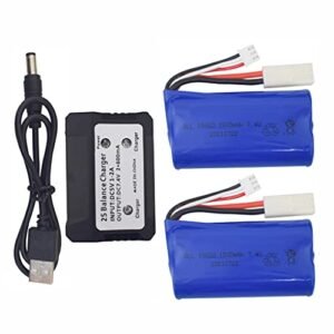 sea jump 2PCS 7.4V 1500mAh Lithium Battery with 2 in 1 Charger for Feilun FT009 UDI009 DUI902 UDI002 AA102 High-Speed RC Boat, Spare Parts Battery