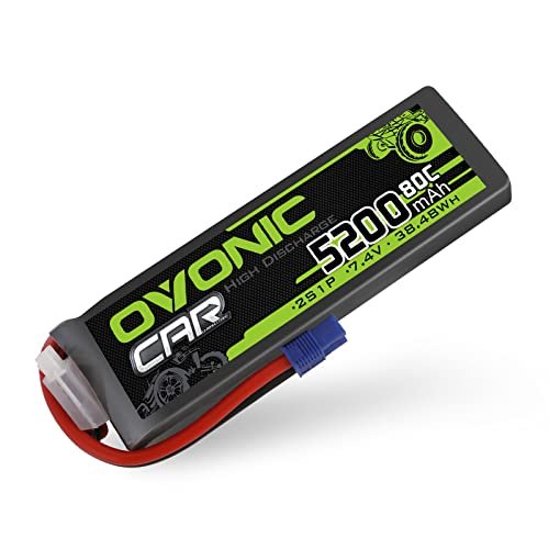 OVONIC 7.4V 2S 5200mAh 80C Lipo Battery with EC3 Plug for Carrera RC Mario Kart Battery Change and Other 1/8 1/10 RC Vehicles