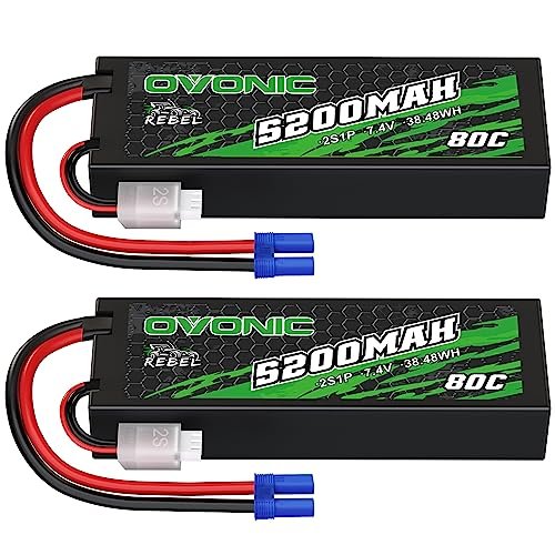 OVONIC 80C 2S 5200mAh 7.4V Lipo Battery with EC5 Connector for 1/5 Scale RC Cars and Trucks Arrma Losi Traxxas