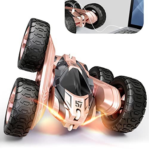 Tecnock 360 Rotating Double Sided Flip RC Stunt Car 2.4Ghz 4WD Toy Car with Rechargeable Battery for 45 Min Play Great Gifts for Boys and Girls Pink