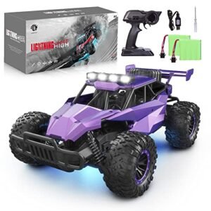 LARVEY 1/16 Scale Purple Monster Truck Chassis RC with LED Lights 20 Km h High Speed Remote Control Car for Girls Boys and Adults
