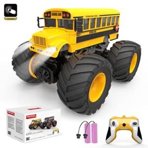 ENFAO School Bus Monster Truck 1/18 Scale Remote Control Car 2.4GHz Offroad RC Hobby Racing Toy with LED for Boys Girls