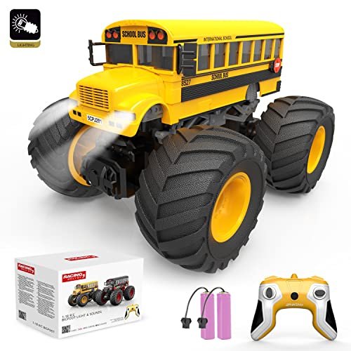 ENFAO School Bus Monster Truck 1/18 Scale Remote Control Car 2.4GHz Offroad RC Hobby Racing Toy with LED for Boys Girls