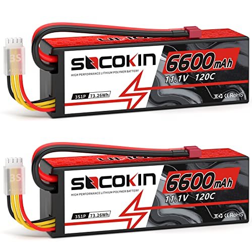 Socokin 3S Lipo Battery 6600mAh 11.1V 120C with T Deans Connector Hard Case for RC Models 2 Pack
