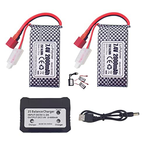 Sea Jump 2PCS 7.4V 2000mAh T Plug Li Battery with 2 in 1 Charger for WLtoys Remote Control Car RC Boat Drone