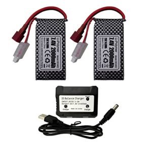 PUOO 2PCS 7.4V 2000mAh T Plug Lithium Battery with 2 IN 1 Charger Compatible with WLtoys RC Car Remote Control Boat Perfect for RC Willey Ad Lady