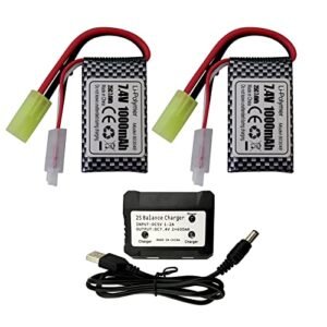 PUOO Accessory 2PCS 7.4V 1000mAh Odamiya Plug Lithium Battery with 2-in-1 Charger for 300E 302E 9300 9310 9201E 9305E 9304E 9303E 9302E 9301 RC Car, RC Boat, RC Drone