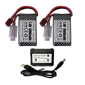 PUOO Accessory 2PCS 7.4V 1000mAh Lithium Battery & 2-in-1 Charger for 18858 18859 18859A 18859E HM163 HM164 35-DJ03 35-DJ04 SN-DJ02 16889 16889A 16890 2845 2846 Q901 Q902 Q903 302E RC Car,RC Drone