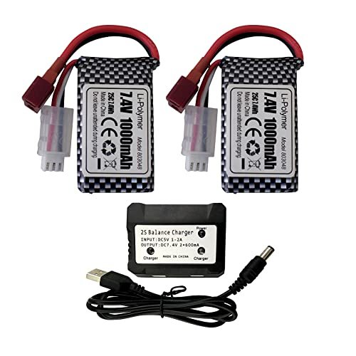 PUOO Accessory 2PCS 7.4V 1000mAh Lithium Battery and 2 in 1 Charger for RC Cars and Drones