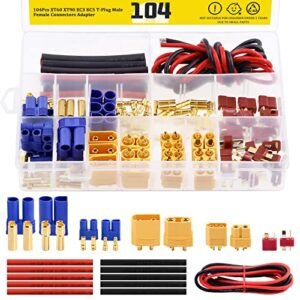 Mardatt 104 Pcs F 104 RC Connector Kit XT60 XT90 EC3 EC5 T Plug Deans 3.5mm Banana Plug Male Female Adapter with Heat Shrink Tube and Silicone Wire