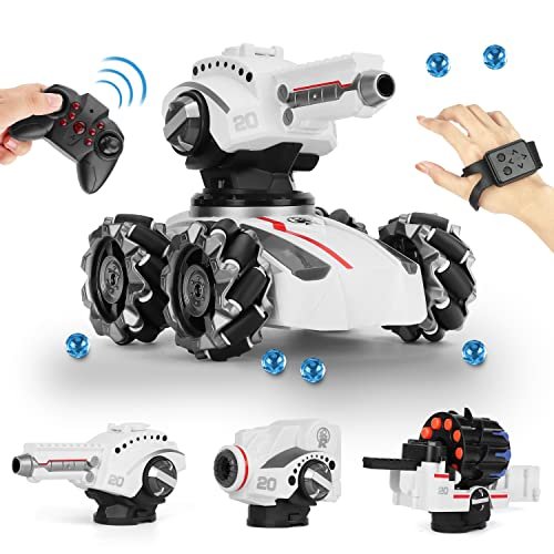 CXJ 3 Head RC Tank Car with RC Foam Fighters Plans Kids 4WD Battle Stunt Car Blow Bubble Shoot Foam Darts 360 Rotating LEDs Music Toy Gifts for 6 15 Years Old Boys Girls
