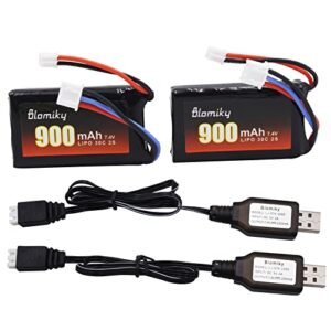 Blomiky 2 Pack 7.4V 900mAh Lipo Rechargeable Battery with PH2.0 Plug and Charger Cable for 9115 RC Truck and SCX24 Models