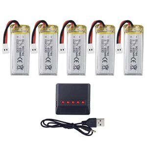 PUOO Accessroy 5PCS 3.7V 600mAh Lithium Battery with 5 in 1 Charger for SYMA X600W X700 X700W Quadcopter Remote Control Drone
