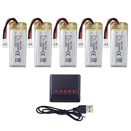 PUOO Accessroy 5PCS 3.7V 600mAh Lithium Battery with 5 in 1 Charger for SYMA X600W X700 X700W Quadcopter Remote Control Drone