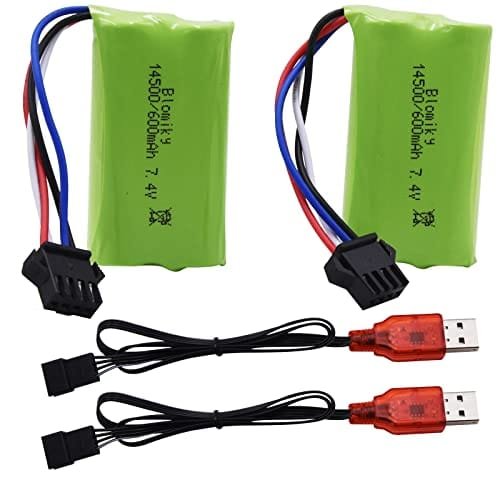 Blomiky 2 Pack 7.4V 2S 600mAh Li ion Rechargeable Battery with SM 4P Plug and Charger Cable Compatible with Some Water Ball Blasters and DE85 RC Cars JF 71A Battery Ideal for 7.2 RC Battery Charger
