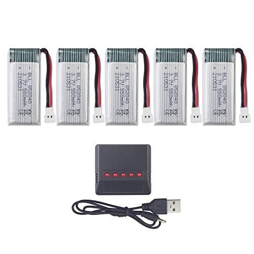 PUOO Accessory 5PCS 3.7V 550mAh Li Battery with 5-in-1 Charger for JXD 523 523W H43WH Foldable Quadcopter Remote Control Drone