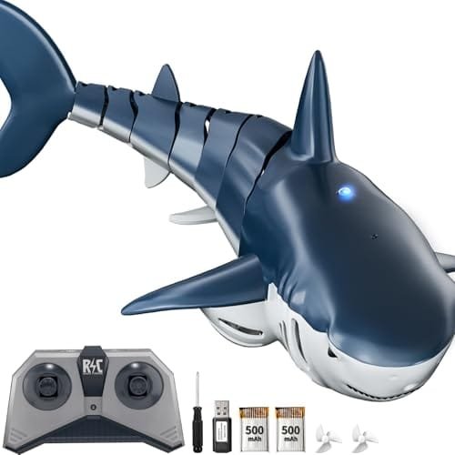 TEMI 1/18 High Simulation RC Boat Engines Electric Shark Toy with 2.4GHz Remote Control Light and Spray Water for Kids Ages 6+