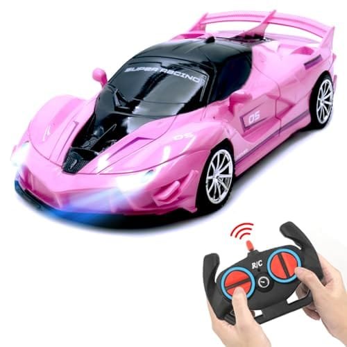 Pink Custom RC Drift Cars for Girls Rechargeable 2.4Ghz High Speed Remote Control Racing Toy with LED Headlights Age 3+
