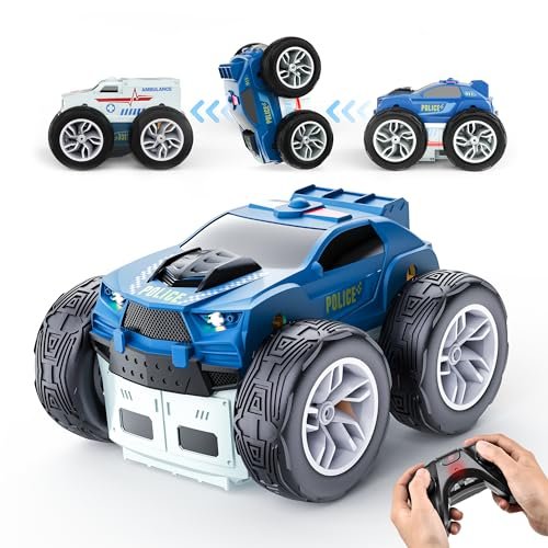 BEZGAR TD201 Remote Control Police Ambulance Car with RC Components Spinning Wheels 2 in 1 Double Sided RC Stunt Car Toy for Boys Kids