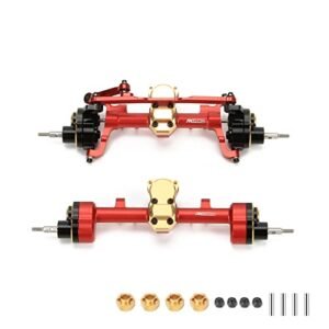 RCAWD Front and Rear Portal Axle Set for Axial SCX24 Upgrades Housing with Steel Gears Brass Worm Gears Brass Third Member Housing Brass Hex Aluminum Hop Ups Parts AXI31609 AXI31610 Red RC Car Hop Up Parts