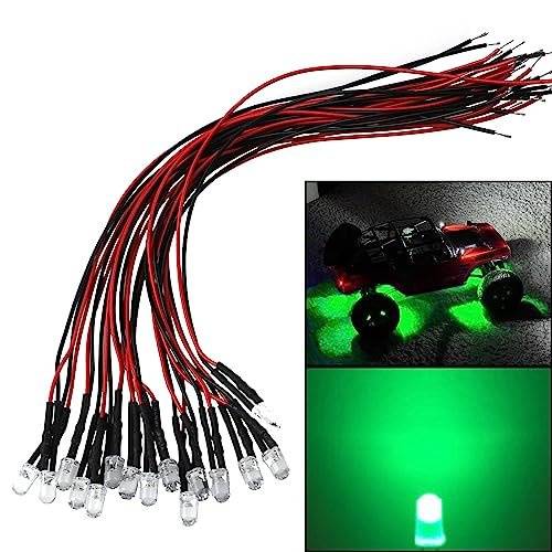 HIRCQOO 15PCS 3MM 5MM Pre Wired LED Light Emitting Diodes 12V Mini Single LED Bulbs for 1/10 Nitro RC Car Parts Traxxas TRX 4 TRX 6 Axial SCX10 90046 Crawler Car Truck DIY Green