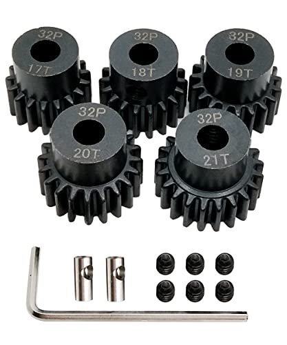 Raflot VICRAZZE 32p 5mm Pinion Gear Set 17T 18T 19T 20T 21T with 1/8 inch(3.175mm) Coupler and hex Key for 0.8 Metric Pitch RC Buggy Car Monster Truck