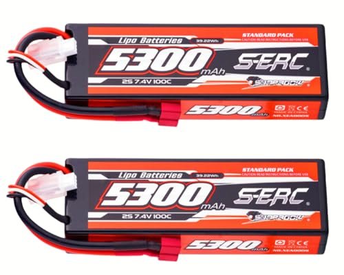 SUNPADOW 2S Lipo Battery 7.4V 5300mAh 100C Hard Case with Deans T Connector Rechargeable for RC Buggy Truggy Vehicles Car Truck Tank 2 Count