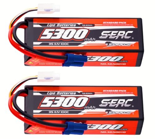 SUNPADOW 3S Lipo Battery 11.1V 5300mAh 100C Hard Case Rechargeable with EC5 Connector for RC Buggy Truggy Vehicles Car Truck Tank Racing Hobby 2 Count