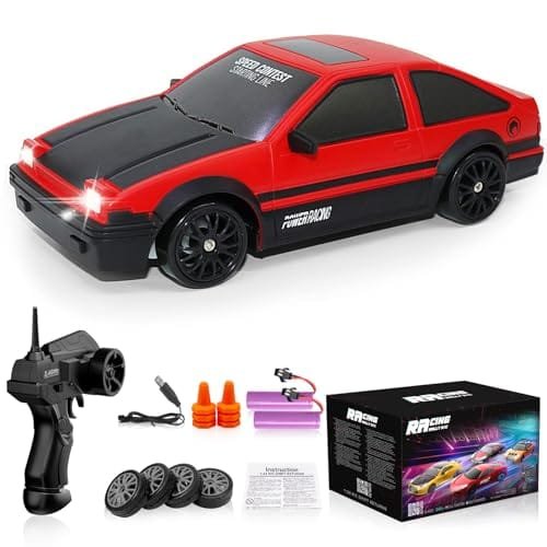 RC Drift LED Lights Remote Control Car 2.4GHz 1:24 Scale 4WD High Speed Model Vehicle with Rechargeable Batteries for Adults Kids