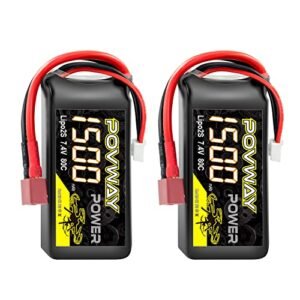 POVWAY 1500mAh 2S 7.4V 80C RC Lipo Battery with T Plug for RC Helicopter Airplane FPV Drone Quadcopter RC Boat RC Car RC Models(2 Packs)
