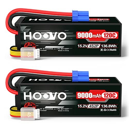 HOOVO 4S Lipo Battery 15.2V 9000mAh 120C High Voltage Hard Case EC5 Plug for Gizmo RC Boats Cars Trucks Buggies Drones 2 Pack