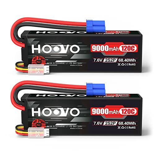 HOOVO 2S Lipo Battery 7.6V 9000mAh 120C High Voltage Hard Case EC5 Plug for RC Lowrider Trucks Cars Boats Buggies Drones 2 Pack