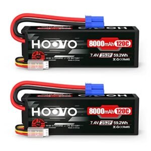 HOOVO 2S Lipo Battery 7.4V 8000mAh 120C RC Car Battery Hard Case EC5 Plug Compatible for 1/8 1/10 Scale RC Vehicles, Cars, Trucks, Buggies, Drones, Boats, RC Models 2 Pack