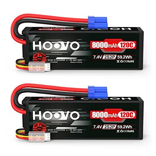 HOOVO 2S Lipo Battery 7.4V 8000mAh 120C RC Car Battery Hard Case EC5 Plug for 1/8 1/10 Scale RC Vehicles Cars Trucks Buggies Drones Boats Models 2 Pack