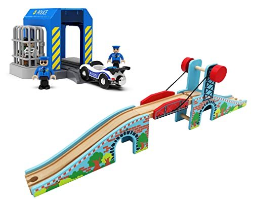 Z MAYABBO Wooden Train Track Accessories Train Bridge Police Station for Wood Train Set, Fits All Wooden Track Railway System