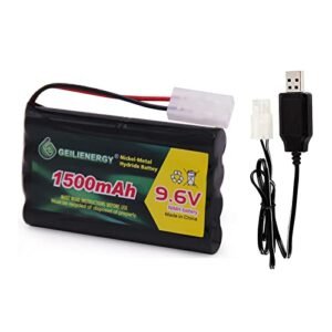 BAOBIAN 9.6V 1500mAH NiMH Rechargeable 8-Cell AA Battery Pack with Standard Tamiya Connector Plug and USB Charge Cables for RC Car Boats Truck Tank and Vehicles(1 Pack)