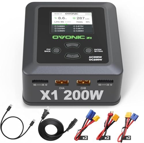 OVONIC X1 Dual RC Lipo Battery Balance Charger Smart Fast Charging for Lipo RC Batteries with Sync Charging Mode AC 200W DC 600W 15A