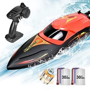 Hosim Autonomous RC Boat Fast 30MPH Brushless Motor 2.4GHz Remote Control Racing Boat with LED Lights for Seas Pools Lakes 2 Batteries Included Red
