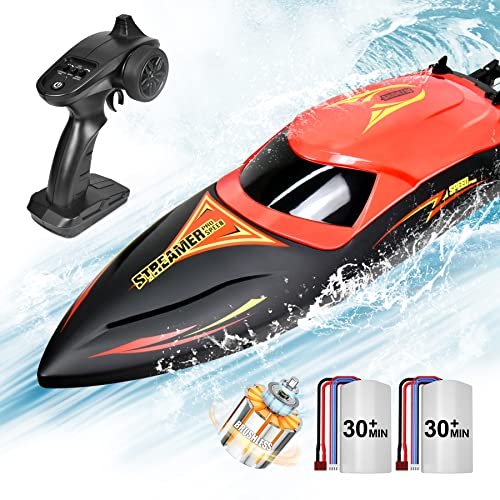 Hosim Autonomous RC Boat Fast 30MPH Brushless Motor 2.4GHz Remote Control Racing Boat with LED Lights for Seas Pools Lakes 2 Batteries Included Red