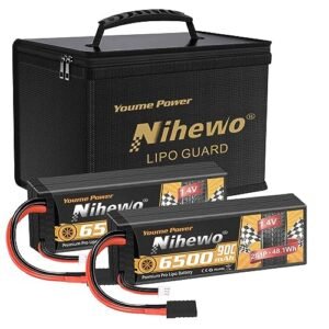 Nihewo Lipo Battery Bag for Lipo Battery Storage/Transportation/Charging with Durable Handle and Mesh Pocket + 2Packs 2S Lipo Battery 7.4V 6500mAh 90C Hard Case with Tr Plug
