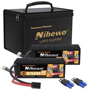 Lipo Battery Bag for Lipo Battery Storage/ ransportation/Charging with Durable Handle and Mesh Pocket + 2Packs 4S Lipo Battery 14.8V 6500mAh 90C Hard Case with Tr Plug Fit for RC Car Truck Vehicles