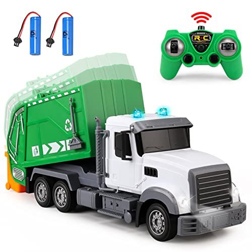 WEMOKA 1/24 Scale RC Trash Truck Toy 6 Channel 2 4Ghz Remote Control Waste Management Garbage Truck with Two Rechargeable Batteries for Kids