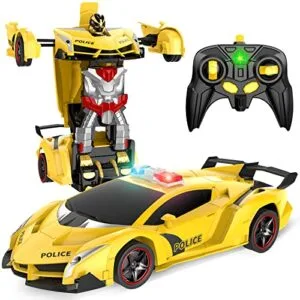 Febyhim 2.4Ghz Transformable Quarter Scale RC Car Police Toy with Flashing Light and One Button Transformation