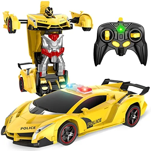 Febyhim 2.4Ghz Transformable Quarter Scale RC Car Police Toy with Flashing Light and One Button Transformation