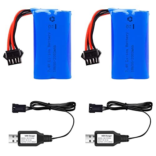 VICMILE 2000mAh 7.4V Li ion Battery for RC Nitro Fuel Gun with SM 4P Plug and 2 USB Chargers