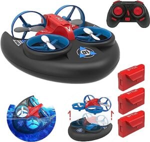 AIROKA 3 in 1 Sea Land and Air RC Boat Sea Drone with 360° Rolling Waterproof Design for Beginners and Kids Red